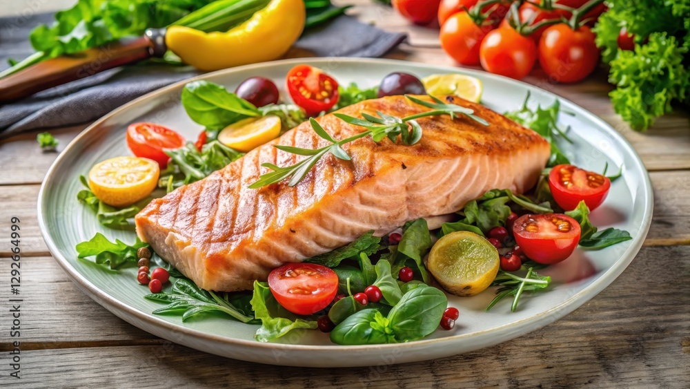 Freshly sliced grilled salmon fillet on a plate with roasted vegetables and a side salad made from mixed greens and cherry tomatoes , healthy protein, salmon Freshly sliced grilled salmon fillet on a plate with roasted vegetables and a side salad made from mixed greens and cherry tomatoes , healthy protein, salmon
