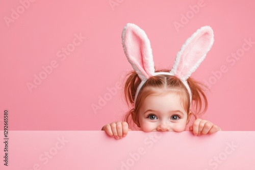 Easter Sunday fun kid portrait, Cute girl wearing bunny ears peeking over the edge of an empty table with a pink background, Easter theme, simple composition, portrait photography, high