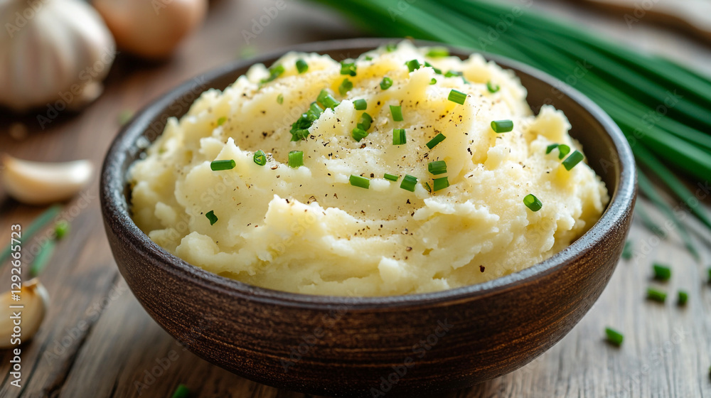 creamy mashed potatoes with fresh chives garnish and pepper eat food bowl side dish herb creamy mashed potatoes with fresh chives garnish and pepper eat food bowl side dish herb