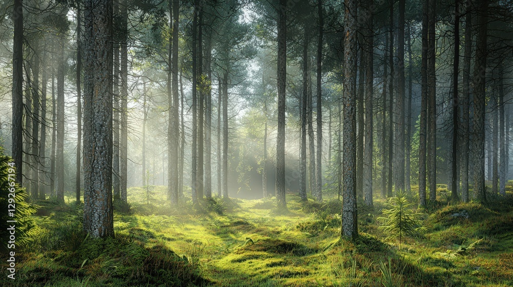 Obraz premium misty forest with tall pine trees