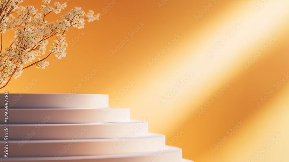 Obraz premium minimalist scene with white circular platforms and delicate flowers against warm orange background, creating serene and elegant atmosphere