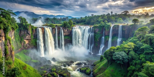 Majestic Kalandula Falls in Angola surrounded by lush tropical rainforest with misty veil