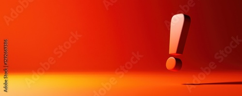 Gigantic exclamation mark casts long shadow urban landscape digital art sunset glow low angle conceptual expression