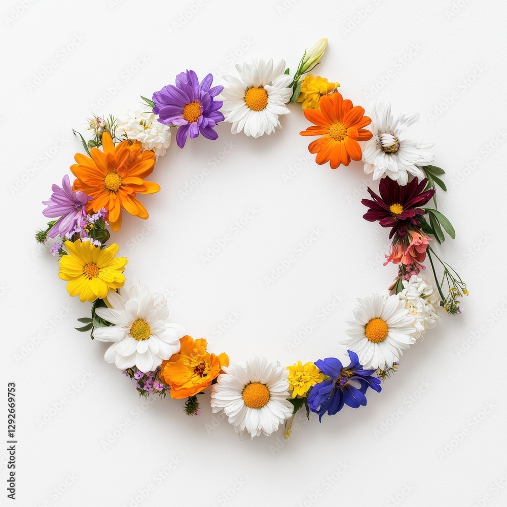 Obraz premium Floral wreath with assorted colorful flowers on a white background.