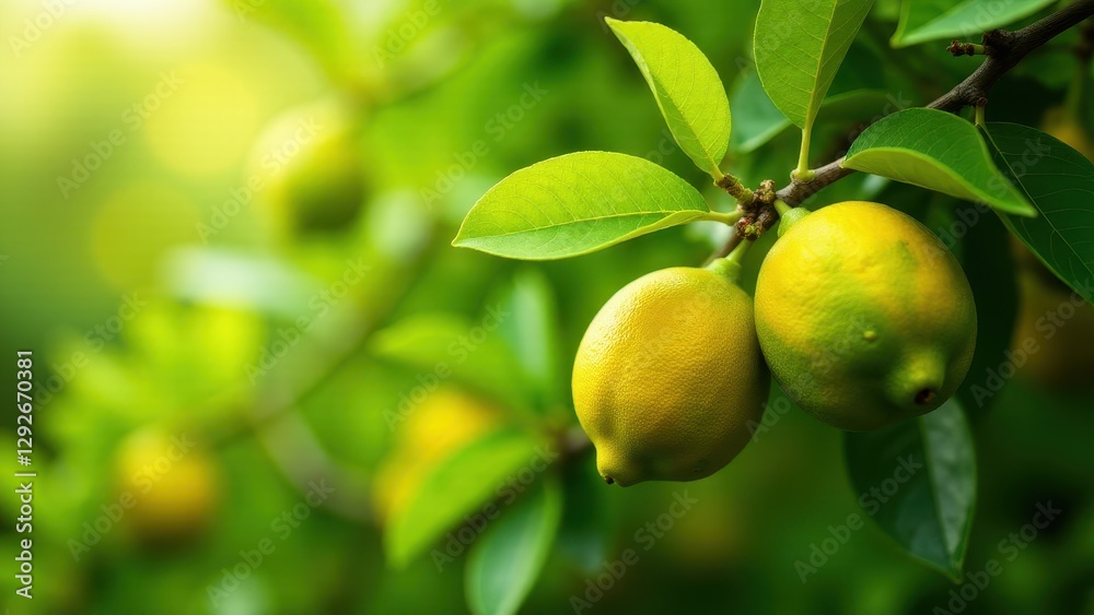 Two lemons hanging from a branch surrounded by green lemon leaves. Two lemons hanging from a branch surrounded by green lemon leaves.