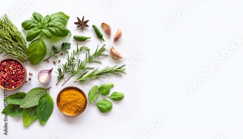 Wallpaper Mural Top View of Herbs and Spices Isolated on Background – Ingredients for Cooking Food, Healthy Vegetables, High Fibers, and Vitamins Torontodigital.ca