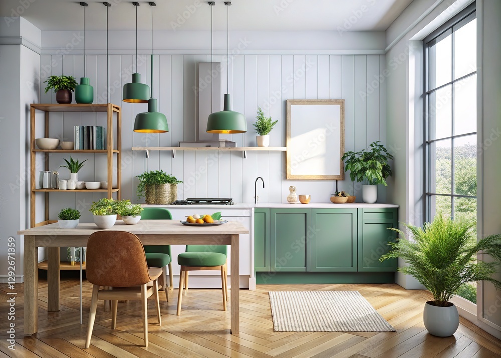 Fototapeta premium 3D render: Modern kitchen, framed art in a minimalist setting.