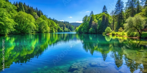 A serene lake with crystal clear blue water surrounded by lush greenery and tall trees, creating a peaceful atmosphere , calm water, tranquility