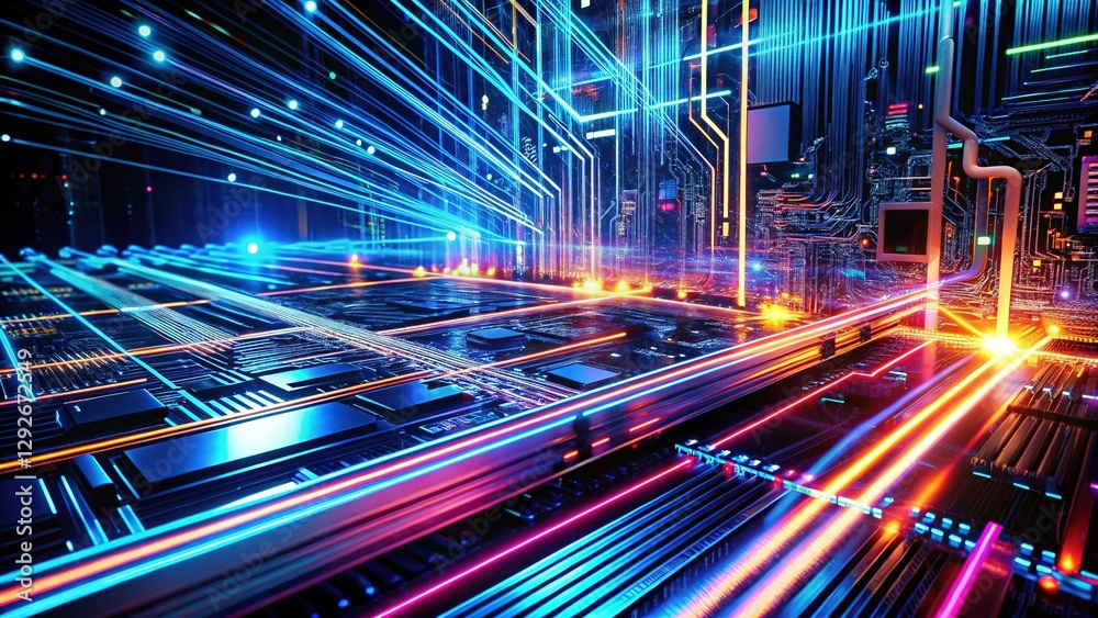 Abstract digital art: glowing, long-exposed tech, circuit board with binary code. Abstract digital art: glowing, long-exposed tech, circuit board with binary code.