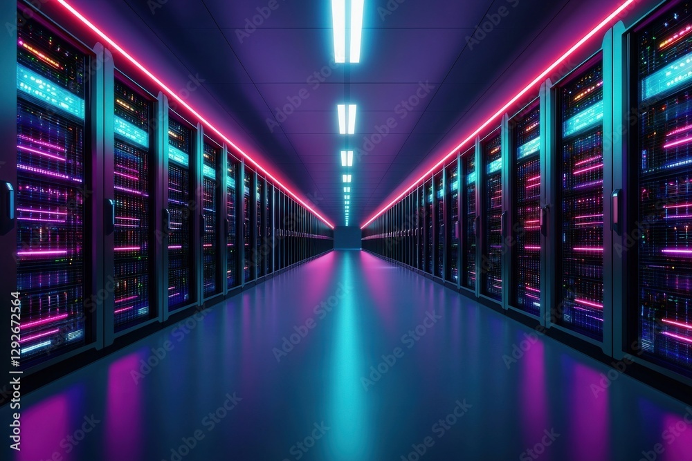 Fototapeta premium Futuristic data center with AI-controlled server racks glowing in neon blue and purple, high-tech cloud computing visualization