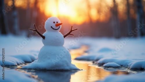 A melting snowman with stick arms and a carrot nose stands on a snowy surface with a sunset in the background.