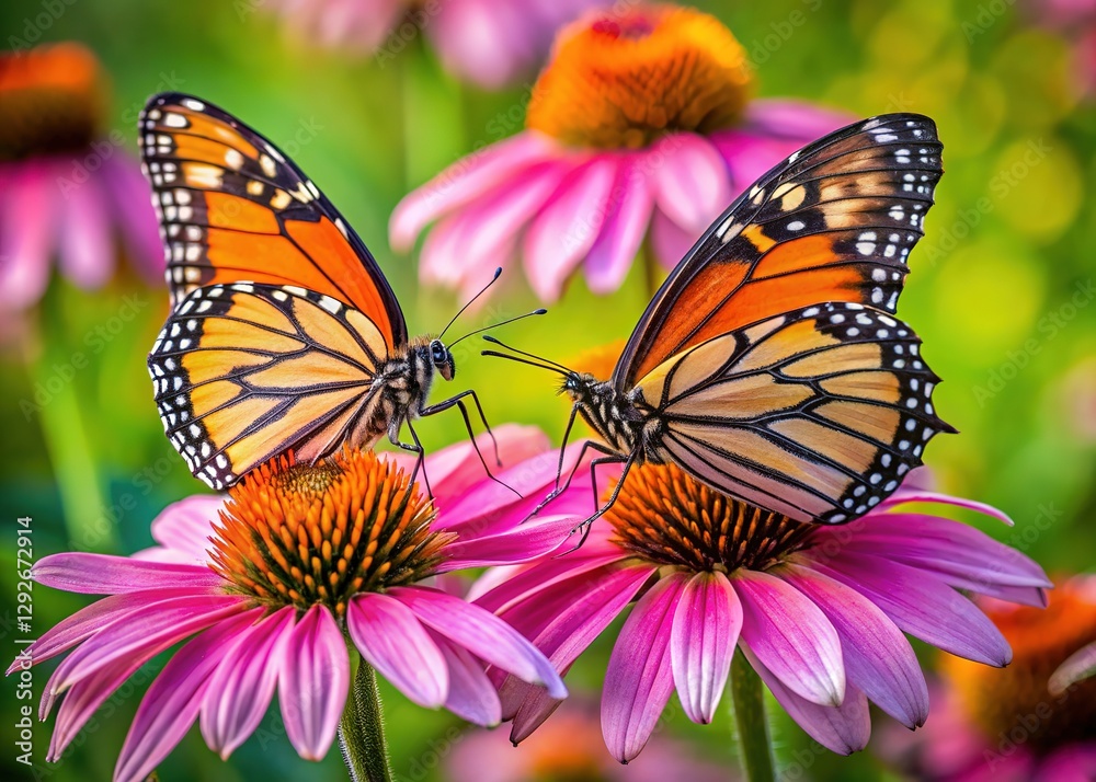 Fototapeta premium Aerial view of monarch butterflies on vibrant pink coneflowers.