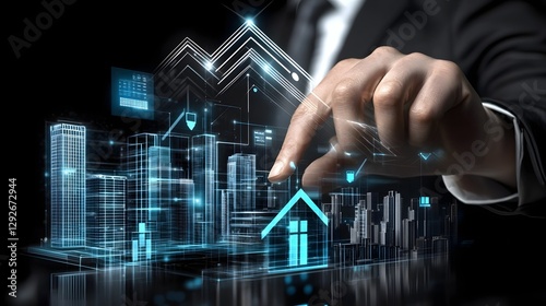 Cutting edge real estate technology with AI powered analytics holographic city maps highlighting lucrative properties and smart investment recommendations presented in a sleek digital environment