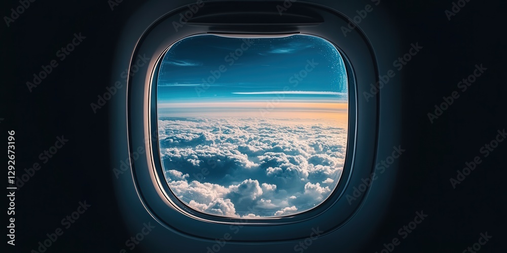 Fototapeta premium A high-altitude airplane window view of white clouds and blue skies