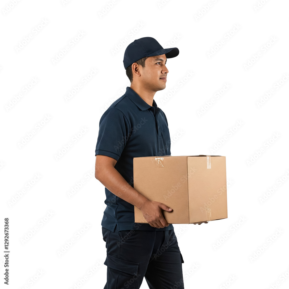 Delivery man carrying a package, transparent PNG, isolated, cut-out Delivery man carrying a package, transparent PNG, isolated, cut-out