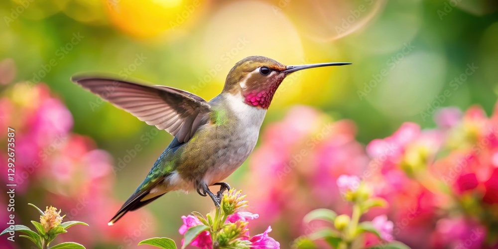 Naklejka premium Hummingbird in Floral Paradise, Flowers, Garden, Flowers, Garden, Petals, Summer,Birds, Avian, Scene , Nature, Bloom, Wings