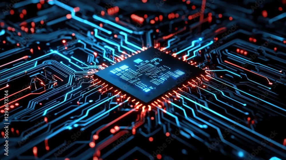 Futuristic digital circuit board glowing with neon blue light, representing high-speed data processing and AI computation, intricate lines and microchips, cyberpunk aesthetic Futuristic digital circuit board glowing with neon blue light, representing high-speed data processing and AI computation, intricate lines and microchips, cyberpunk aesthetic