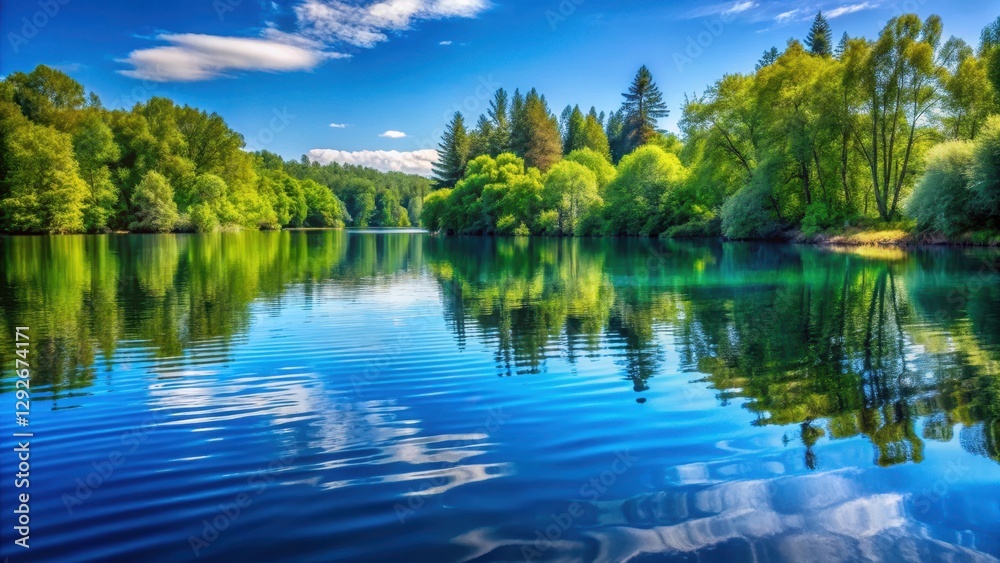 Fototapeta premium Calming aquatic scene with blue water surface having gentle ripples and reflections of surrounding trees, reflective water, natural beauty