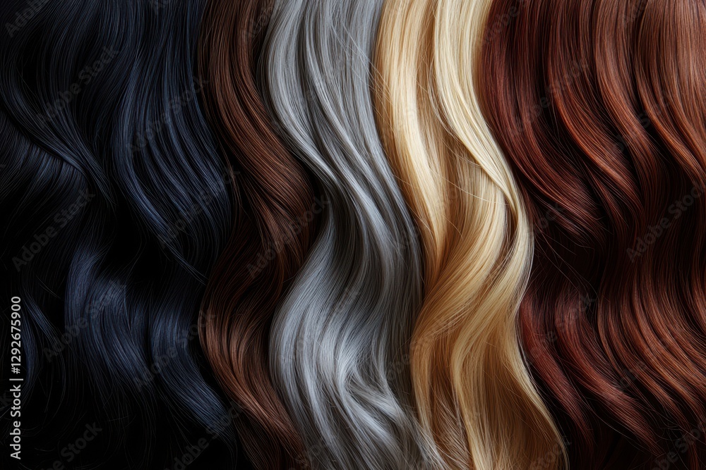 Naklejka premium Wavy hair in black, brown, grey, blonde, and auburn shades. Perfect for hair salon websites, hair product ads, or beauty blogs.