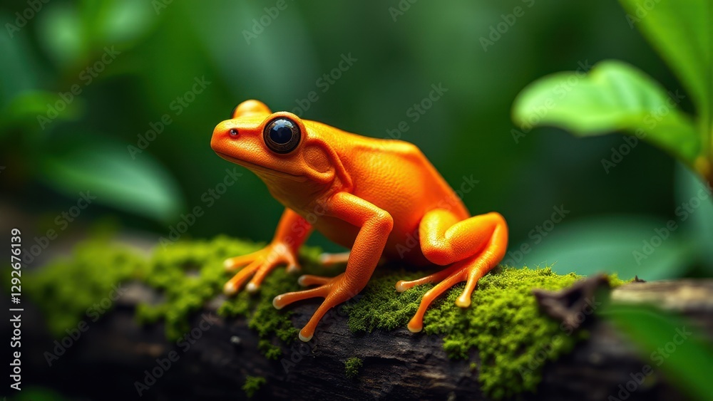 An orange frog sits on a moss-covered branch in a lush green environment. An orange frog sits on a moss-covered branch in a lush green environment.
