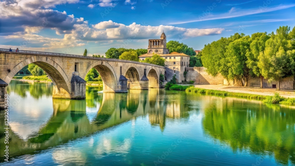 Fototapeta premium vue de la rive du Rh?ne ? Arles dans un paysage de canaux et de ponts anciens