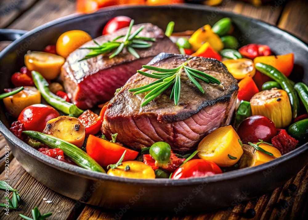Close-up of a mouthwatering grilled beef and veggie platter. Close-up of a mouthwatering grilled beef and veggie platter.