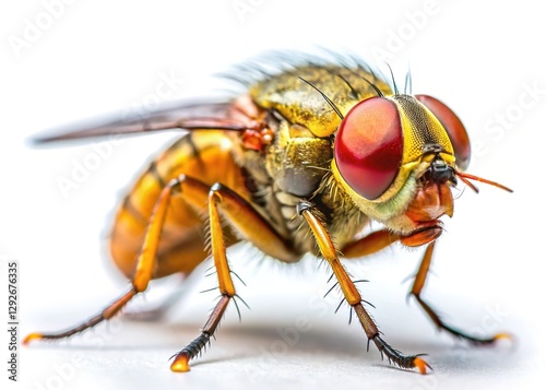 Close-up fruit fly macro with sharp focus, isolated on white.
