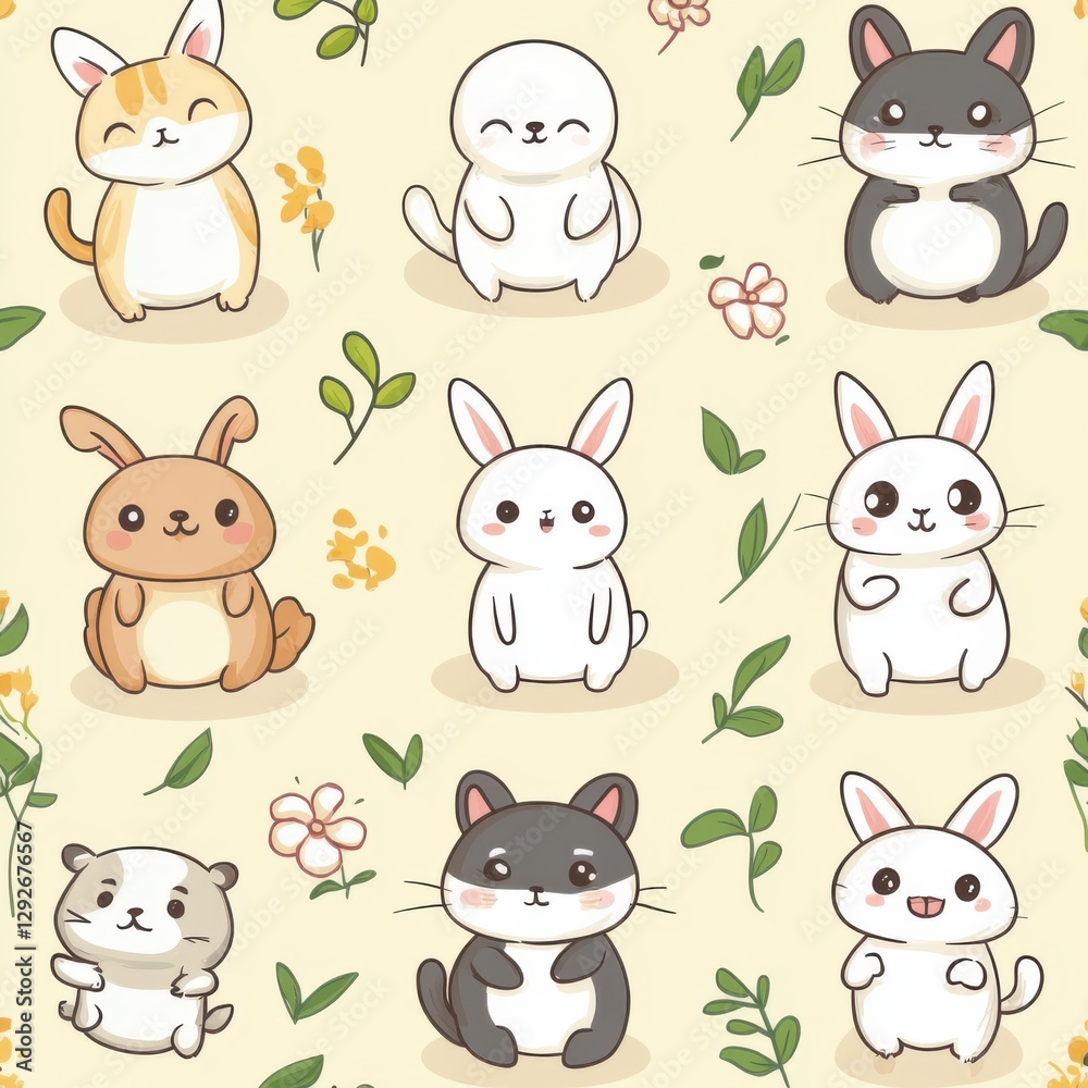 Cartoon Rabbits, Hamsters, and Floral Sprigs Pattern Cartoon Rabbits, Hamsters, and Floral Sprigs Pattern