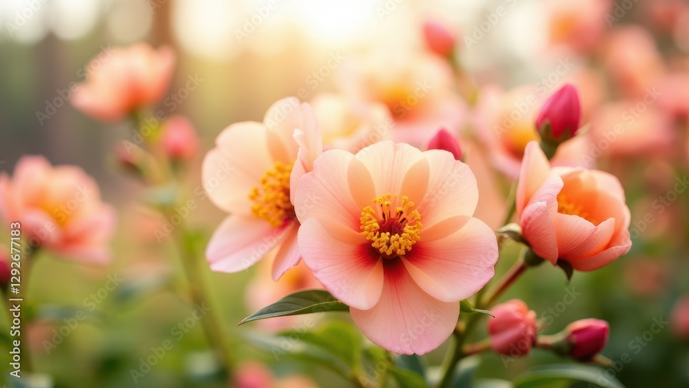 Peach flowers in full bloom with soft pink petals and vibrant yellow centers, basking in warm sunlight. Peach flowers in full bloom with soft pink petals and vibrant yellow centers, basking in warm sunlight.
