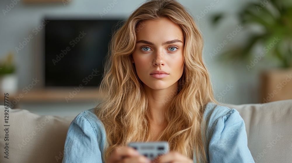 Relaxed Woman with Remote Control Watching TV in Cozy Living Room Setting Relaxed Woman with Remote Control Watching TV in Cozy Living Room Setting