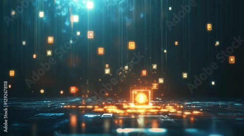 Digital Currency Rain: Cryptocurrencies Falling onto Futuristic Circuitry