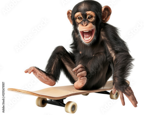 playful monkey with silly grin is sitting on skateboard, showcasing fun and energetic vibe. This captures joy and excitement of carefree moment