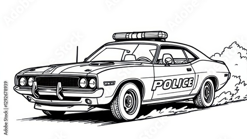 A classic police car coloring page with detailed outlines, perfect for kids and adults to color.