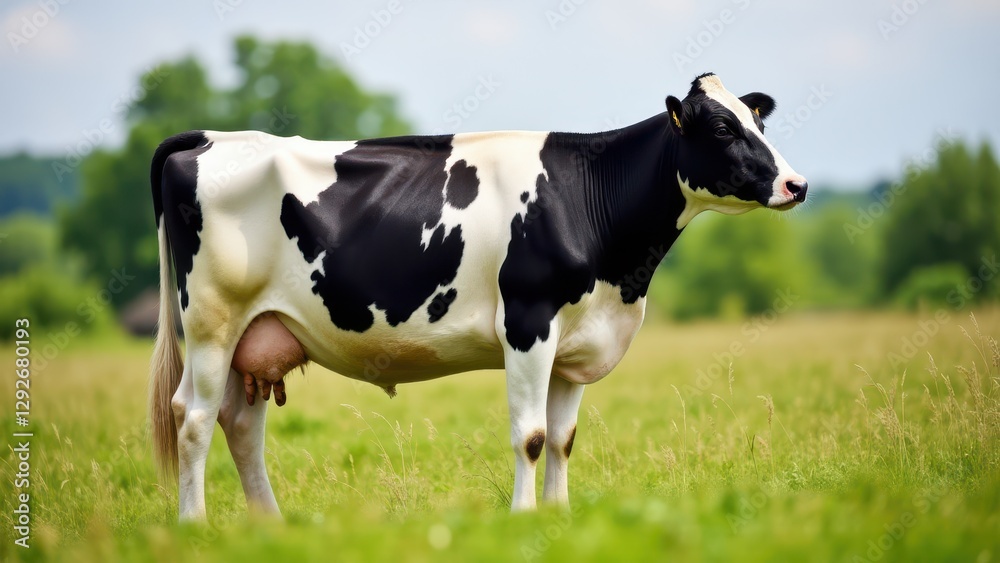 A prim Holstein cow stands in a lush green field, showcasing its distinctive black and white markings. A prim Holstein cow stands in a lush green field, showcasing its distinctive black and white markings.