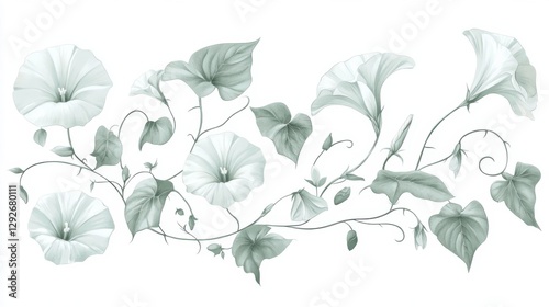 Illustration of Moonflowers and Leaves on White