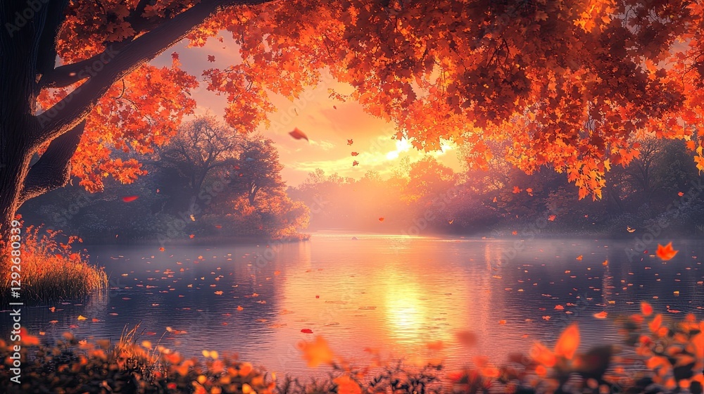 A peaceful river scene framed by glowing autumn leaves, creating a calm and inviting atmosphere. A peaceful river scene framed by glowing autumn leaves, creating a calm and inviting atmosphere.