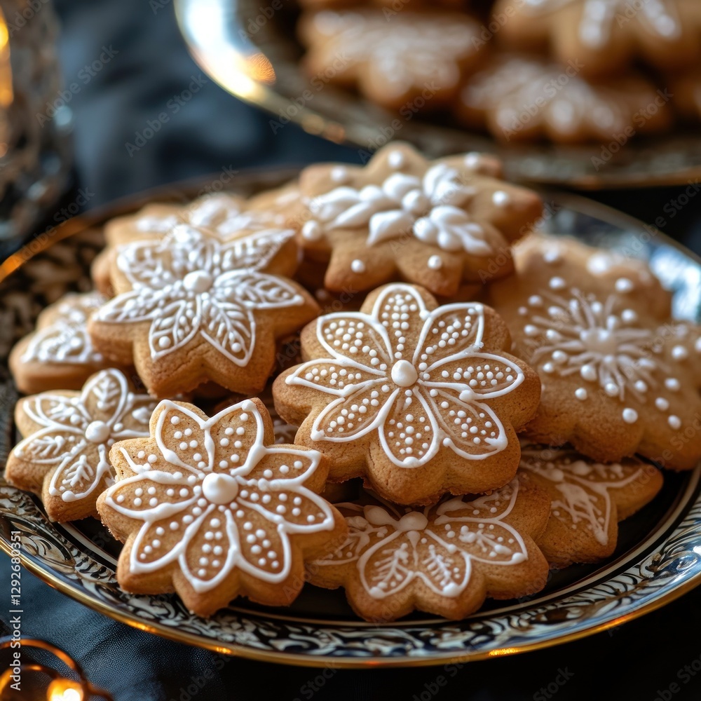 Festive gingerbread cookies on decorative plate Festive gingerbread cookies on decorative plate