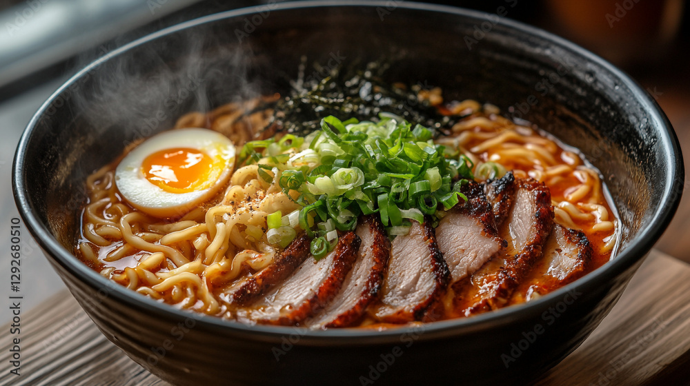spicy ramen noodles with pork and egg tasty asian food bowl hot soup meal broth lunch spicy ramen noodles with pork and egg tasty asian food bowl hot soup meal broth lunch