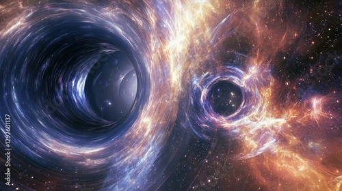 A deep-space wormhole pulses with radiant energy distorting nearby celestial bodies photo