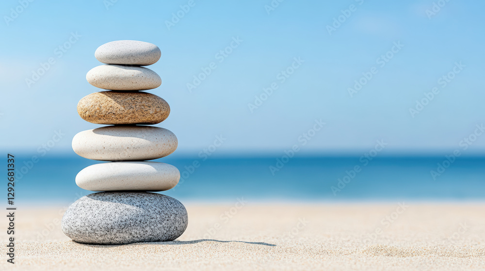 Balanced stones on sandy beach with ocean view create serene atmosphere Balanced stones on sandy beach with ocean view create serene atmosphere