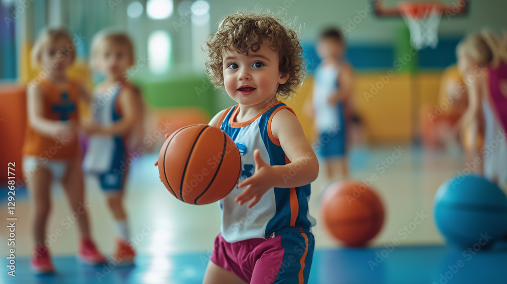 A young child playing basketball in a colorful indoor gym, enjoying an active sports session with friends. Image made using Generative AI. A young child playing basketball in a colorful indoor gym, enjoying an active sports session with friends. Image made using Generative AI.
