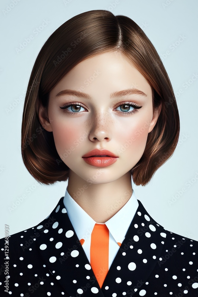 Portrait of Stylish Woman in Polka Dot Suit with Short Brown Hair and Orange Tie Portrait of Stylish Woman in Polka Dot Suit with Short Brown Hair and Orange Tie