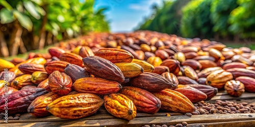 Fototapeta Naklejka Na Ścianę i Meble -  High-quality image of cocoa drying in the sun on a farm, ample space for your message.