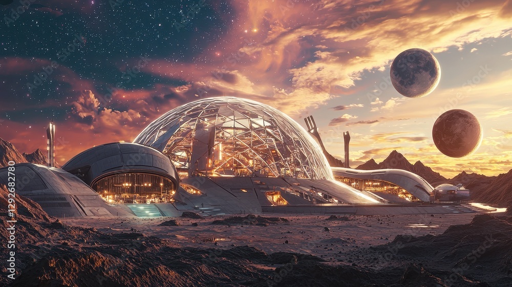 A futuristic lunar biodome thrives under artificial sunlight glowing under a sky filled with moons