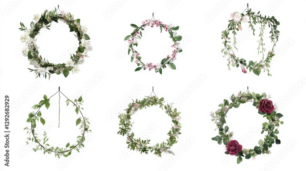 Six Floral Wreaths Hanging on White Background Six Floral Wreaths Hanging on White Background