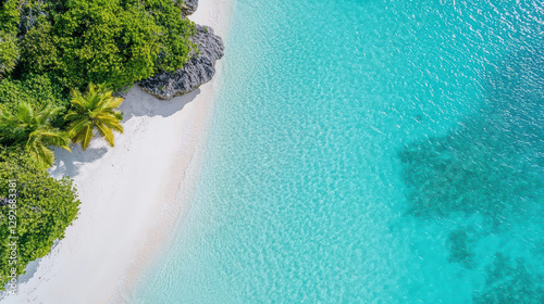 stunning aerial view of tropical beach with clear turquoise water and lush greenery