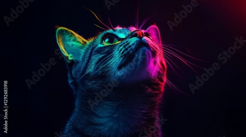 Cat with colorful neon lights looking upwards in a dark background. Modern art and digital illustration concept
