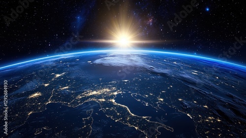 A celestial tunnel of glowing light forms above Earth guiding explorers to the stars