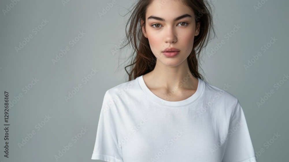Fototapeta premium Woman Wearing White T-Shirt Portrait