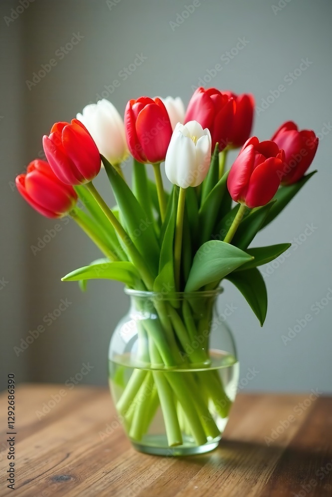 Beautiful bouquet of red and white tulips in a glass vase on wooden table, arrangement, decoration, celebration Beautiful bouquet of red and white tulips in a glass vase on wooden table, arrangement, decoration, celebration